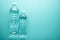 Large and small plastic clean water bottles with copy space on neo mint background