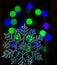 A large snowflake on a bokeh background of green blue New Year`s lights.