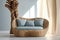 A large sofa made from scraps of old wood, beautifully designed, with soft blue fabric cushions, perfectly designed for relaxation