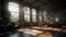 Large spacious loft room in dark colors in the rays of sunlight with big window. inside of a house