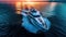 Large speed boat moving at high speed. Top view of a white boat sailing to the blue sea. Drone view of a boat sailing