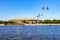 The large sports arena of the Luzhniki Olympic Complex and the cabins of the Moscow Cable Car on a sunny summer day. Moscow,