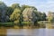 Large sprawling willow on the lake in the park. Nesvizh, Belarus