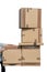 A large stack of cardboard boxes is carried by a delivery person is isolated on a white background. Delivery service concep