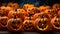 A large stack of carved halloween pumpkins. Generative AI