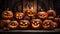 A large stack of carved halloween pumpkins. Generative AI