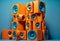 A large stack of colourful orange and blue music audio speakers. Generative ai