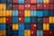 A large stack of multicolored shipping containers. Colorful background