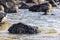 large stacked rocks on a beach with waves