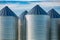 Large steel grain storage silos on farm