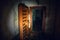 Large steel hermetic door of airlock in abandoned Soviet bunker in flashlight light