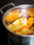 A large stock pot on a stove with vegetables cut for making soup, steamed vegetables