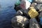 Large stones in the sea water on a bright sunny day in late autumn