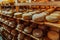 A large storehouse of manufactured cheese standing on the shelves ready to be transported to markets