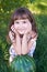 Large striped watermelon. Little sweet girl. Summer landscape. J