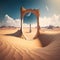 Large surreal frame in the desert, portal into other dimention with rocket and full Moon visible through the frame, AI generative