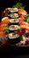 Large sushi set panoramic close-up on a black background. An assortment of various maki, nigiri and rolls