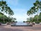 Large swimming pool terrace with sea view 3d render