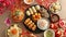 a large table with plates and bowls of food on it