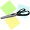 Large tailor`s scissors for sewing with zigzag blades and black handles lie on three colorful shreds