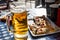 Large tankard of beer on a terrace