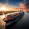 A large tanker with containers leaves the port into the ocean.