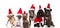 Large team of six adorable santa dogs sitting and standing