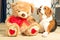 A large teddy bear and beagle hound cuddle on the carpet flooring. Wide angle