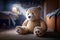 A large teddy bear sitting on the floor of a cozy children\\\'s room