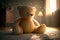 A large teddy bear sitting on the floor of a cozy children\\\'s room