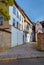 Large three-story white-washed historical timber house in Erfurt, Germany