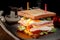 Large toasted club sandwich with fried egg and chicken breast