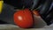 A large tomato lies on a wooden board on a black isolated background, the chef cuts a tomato into two pieces