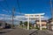 Large torii gate at the site of the annual Okaeri, or Welcome Home festival, Mikawa, Ishikawa Prefecture, Japan.