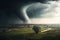 a large tornado swirling across the grassy plains.