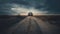 a large tortoise shell sitting on top of a dirt road in the middle of a field under a cloudy sky with a sun