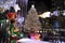 A Large toy nutcracker drummer statue and the holiday lights in Rockefeller Center