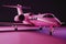 Large toy pink plane. Air travel concept. Girls\\\' holidays. Doll luxurious expensive lifestyle. Generative Ai