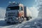 A large truck driving down a snow covered road during the winter