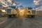 Large trucks in an open pit mine