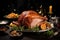 A large turkey sitting elegantly on top of a shiny silver platter ready to be served for a festive meal, A festive Christmas