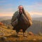 A large turkey standing on the mountainside around and in the background the Forest mountain ranges. Turkey as the main dish of