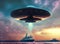 large UFOs abducting ship against cloudy sky in evening. Generative AI