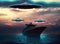 large UFOs abducting ship against cloudy sky. Generative AI