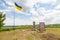 Large Ukrainian flag waving in the wind