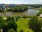 Large urban pond in Victory Park in Zelenograd in Moscow, Russia