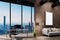 large urban skyline loft office with red brickstone wall and white canvas mock up cozy vintage interior and modern workspace at