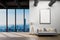 large urban skyline loft office with white wall and canvas mock up copy spacepanoramic window skyline view, 3D Illustration