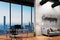 large urban skyline loft office with white wall and cozy vintage couch copy spacepanoramic window skyline view, 3D Illustration