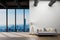 large urban skyline loft office with white wall and cozy vintage couch copy spacepanoramic window skyline view, 3D Illustration